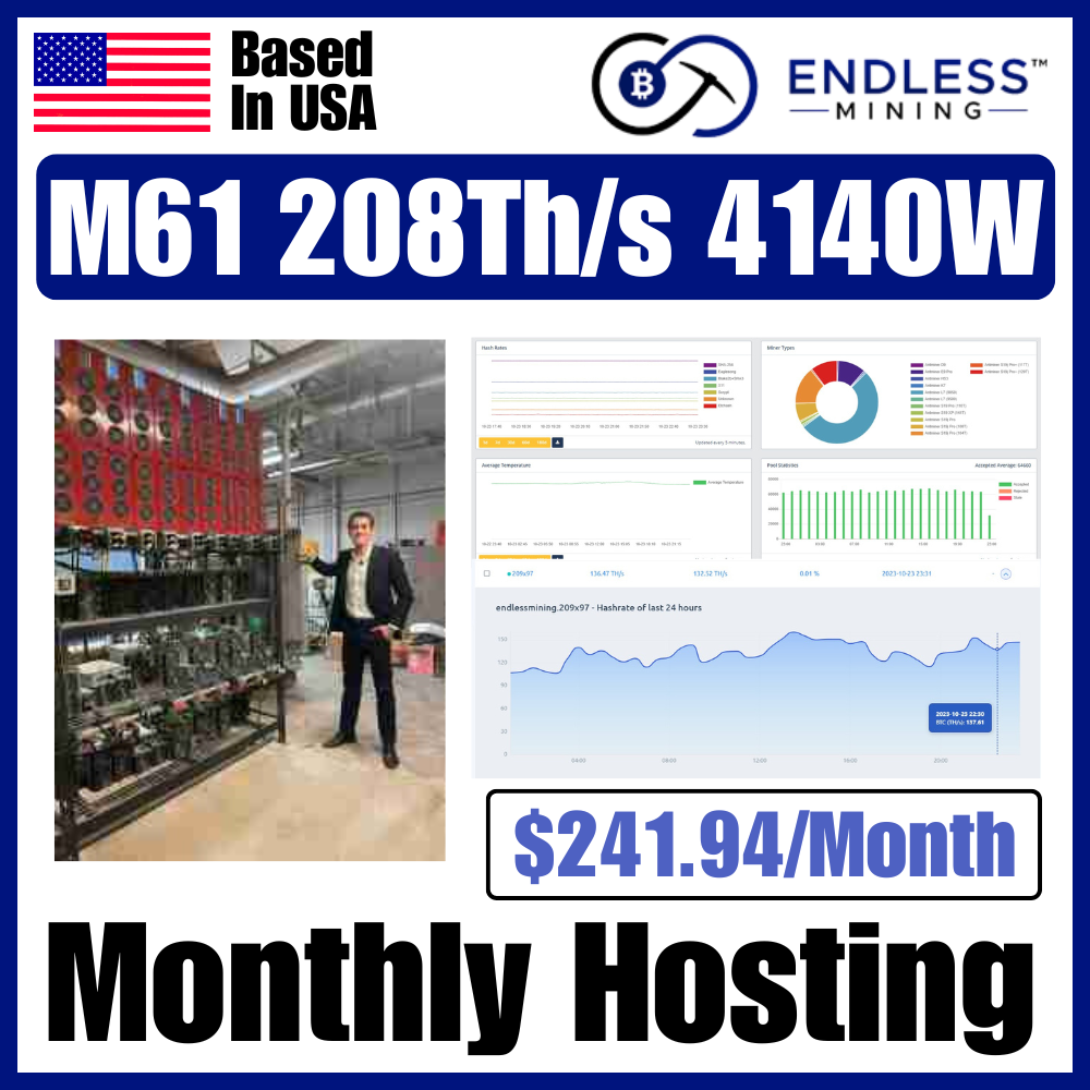 MicroBT WhatsMiner M61 208Th/s 4140W - Monthly Hosting Payment | EndlessMining