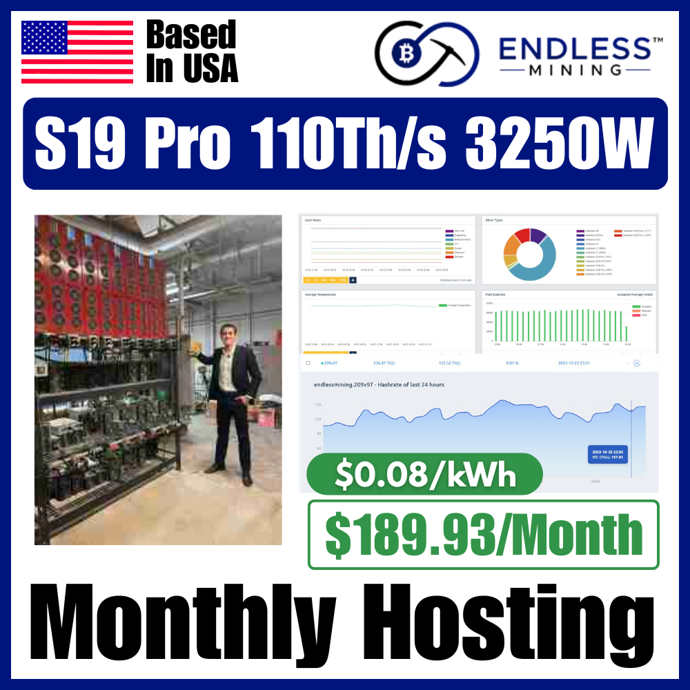 Bitmain Antminer S19 Pro 110Th/s 3250W - $0.08/kWh Monthly Hosting Payment | EndlessMining
